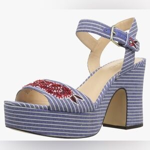 Nine West Fontayah Heeled Sandals size 9.5 blue white striped canvas beaded